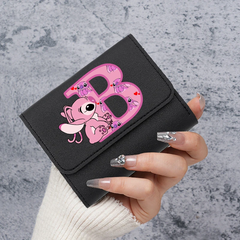 Stitch Short Small Wallets Disney Angel Letter ABCD Bags Student Billfold Cartoons Triple Fold Card Holder Girl ID Bag Portable