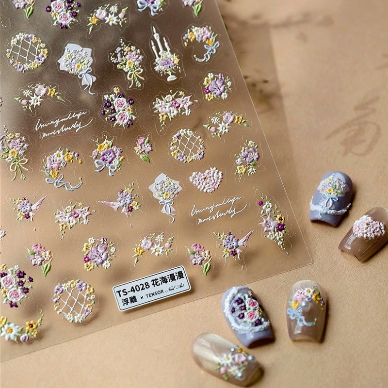 

Colorful Rose Flowers Bouquet Bowknot Butterfly Candlestick 5D Reliefs Self Adhesive Nail Art Stickers Garden 3D Manicure Decals
