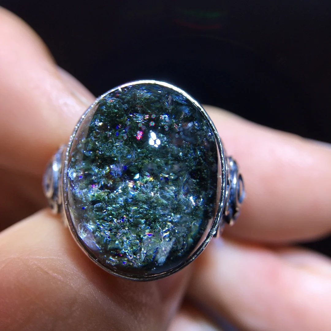 

Регулируемое кольцо с натуральным зеленым фантомном для мужчин, серебро 925 пробы, 16/12,7 мм, овальное фантомное женское и мужское ювелирное изделие AAAAAA