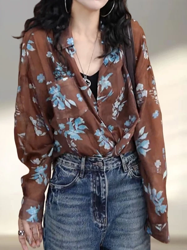 Retro Sle Casual Stampa floreale Lungo Sve Ne irt Donna Primavera Autunno Lazy Faionable Top dall'aspetto giovane