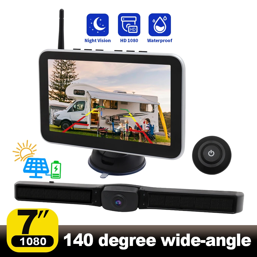 WiFi HD Wireless Backup Camera Solar Powered License Plate Monitor For Trucks Vans RVs 7 Inch Car Reverse Parking Aid System