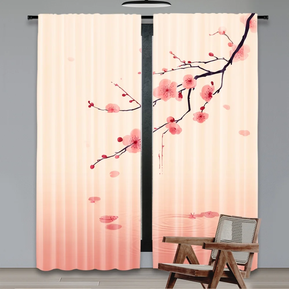 2pcs 2D flat printing Party Curtain Cherry Blossom Branch Water Reflection Polyester Without Electricity Family Party Perfect