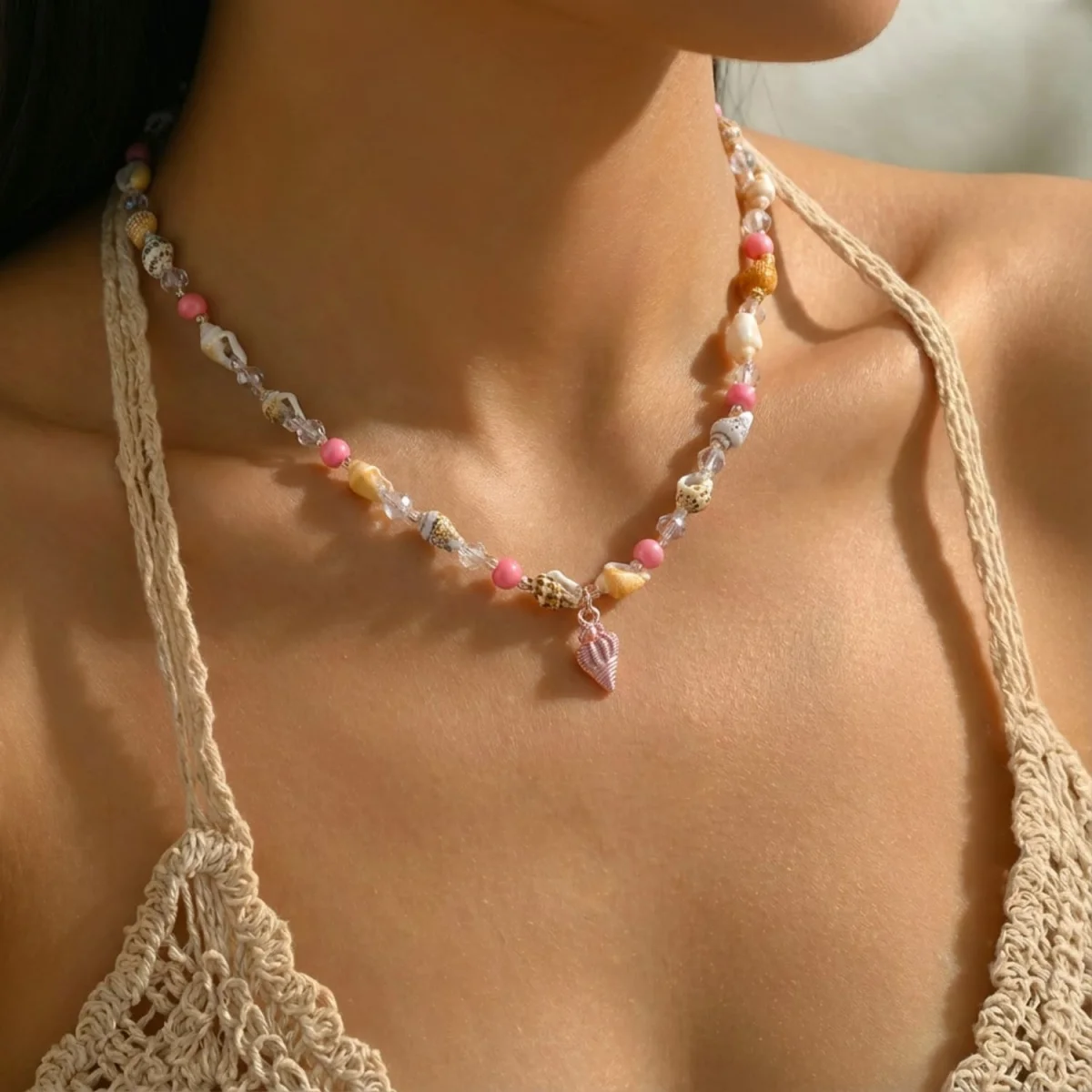 Metall-Seestern-Muschel-Anhänger-Halskette für Damen und Herren, Kristall-Reisperlen-Choker, Bohemian-Strandurlaub, Sommerparty-Schmuck – Detail 18