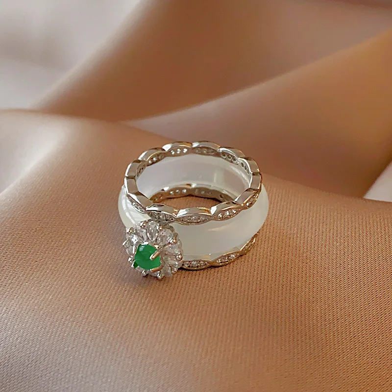 DREJEW Zircon Flower Ring Simple Design Touching Jade Index Finger Ring China-Chic Luxury High-end Hand Jewelry Women