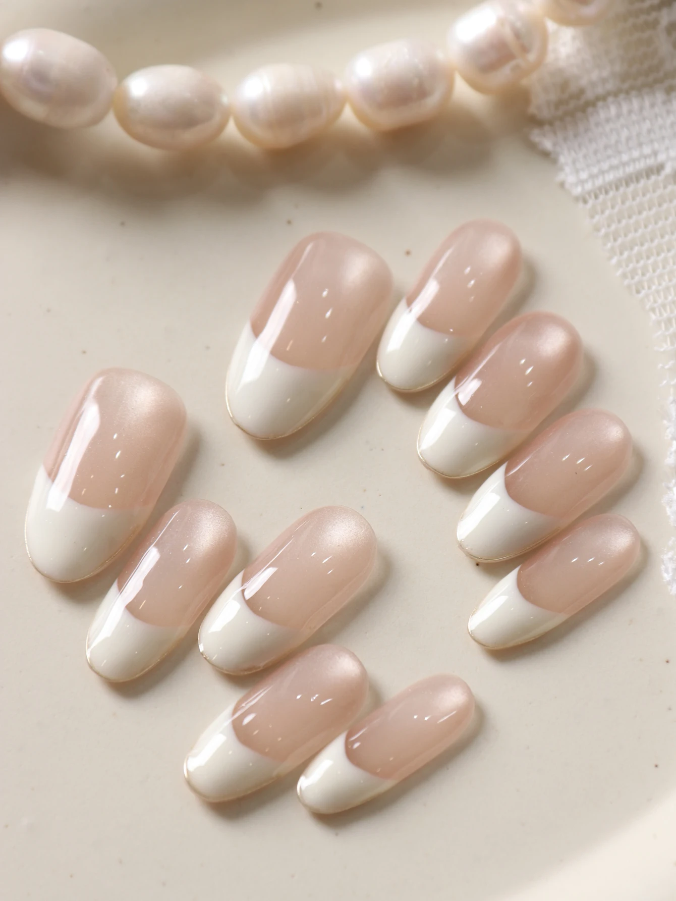 10Pcs Acrylic Press on Cat's Eye White French Fake Nails Includes 1 Sheet of Adhesive Tabs & 1 Pc Mini File