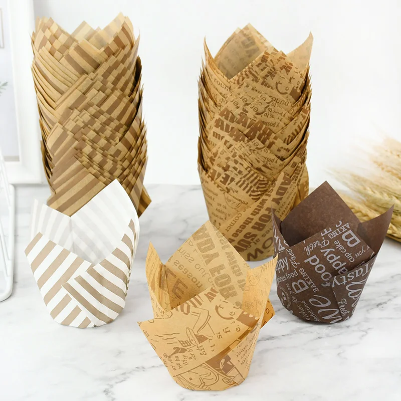 50pcs Cupcake Liner Newspaper Style Baking Cup Wedding Party Caissettes Tulip Muffin Cupcake Paper Cup Oilproof Cake Wrapp Cases