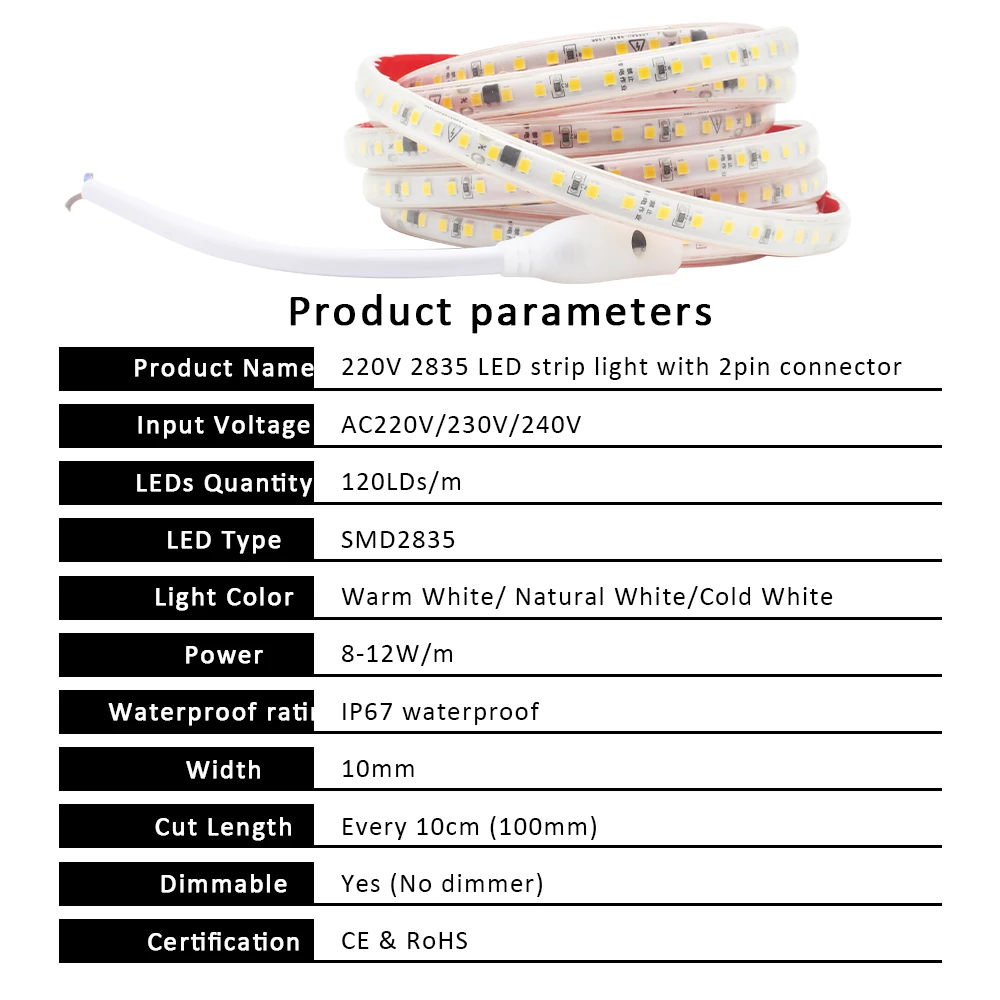 220V 230V SMD 2835 LED Strip Light Waterproof 120LEDs/m 1M 2M 3M 4M 5M 10M 15M 20M Warm White Flexible Tape Lamp Room Lighting