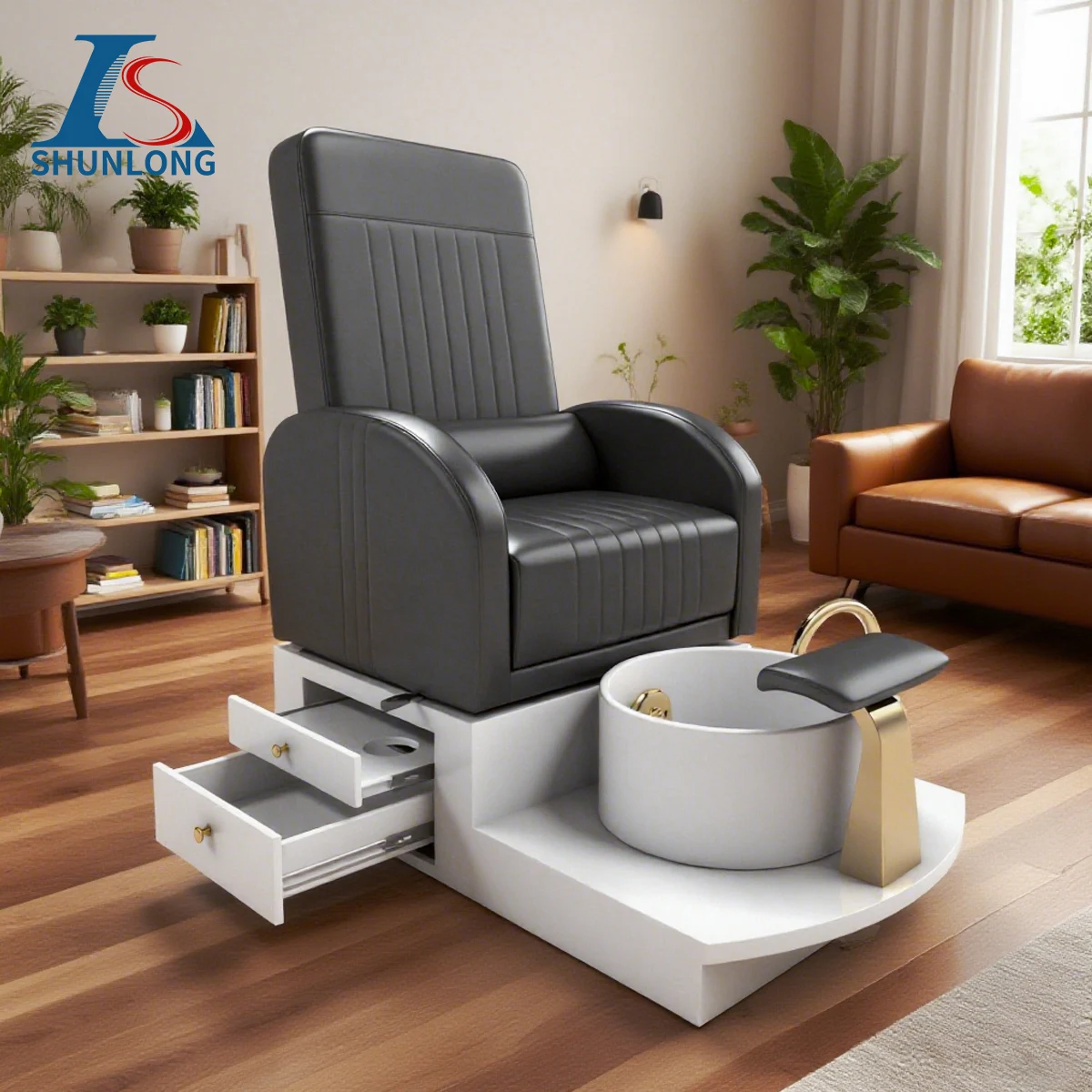 Black PU Pedicure Spa Chair Reclining Nail Salon Chair with White Ceramic Foot Basin, Storage Drawers & Gold Bracket Beauty Furn