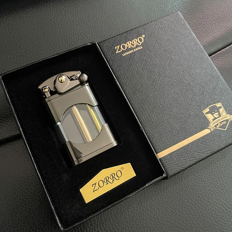 2024 Zorro New Windproof Waterproof Kerosene Lighter with Transparent Oil Tank Creative Retro Grinding Wheel Flint Metal Lighter