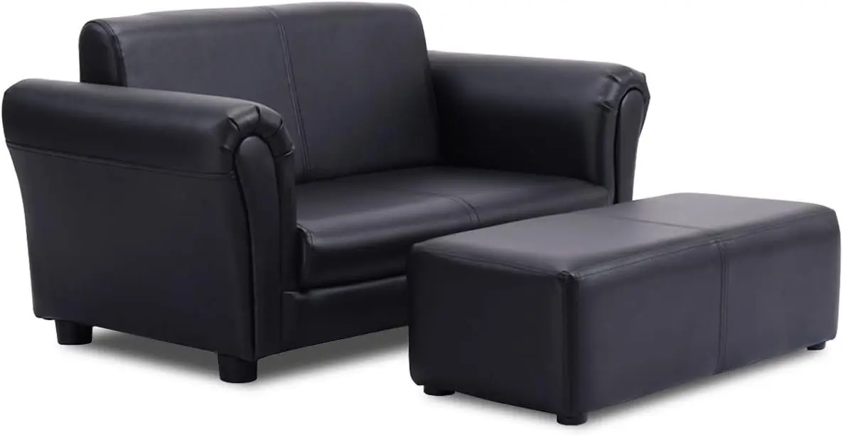 

Kids Couch with Footstool, 2 in 1 Double Seat Children's Sofa w/PU Leather Surface, Armrest Chair Lounge, Soft Kids Sofa