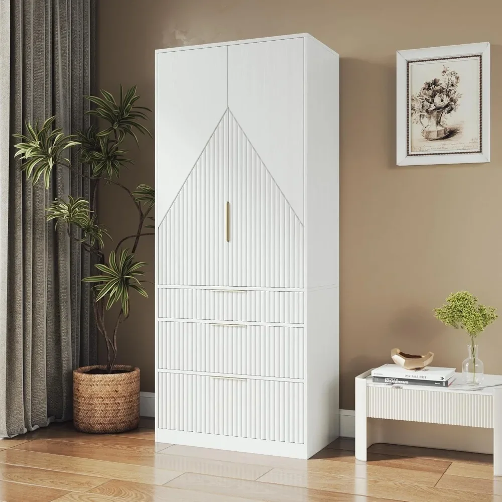 Wardrobe Armoire Wooden Closet with 3 Doors and 3 Drawer, Bedroom Armoire with Hanging Rod Shelf, Wooden Wardrobe Combination