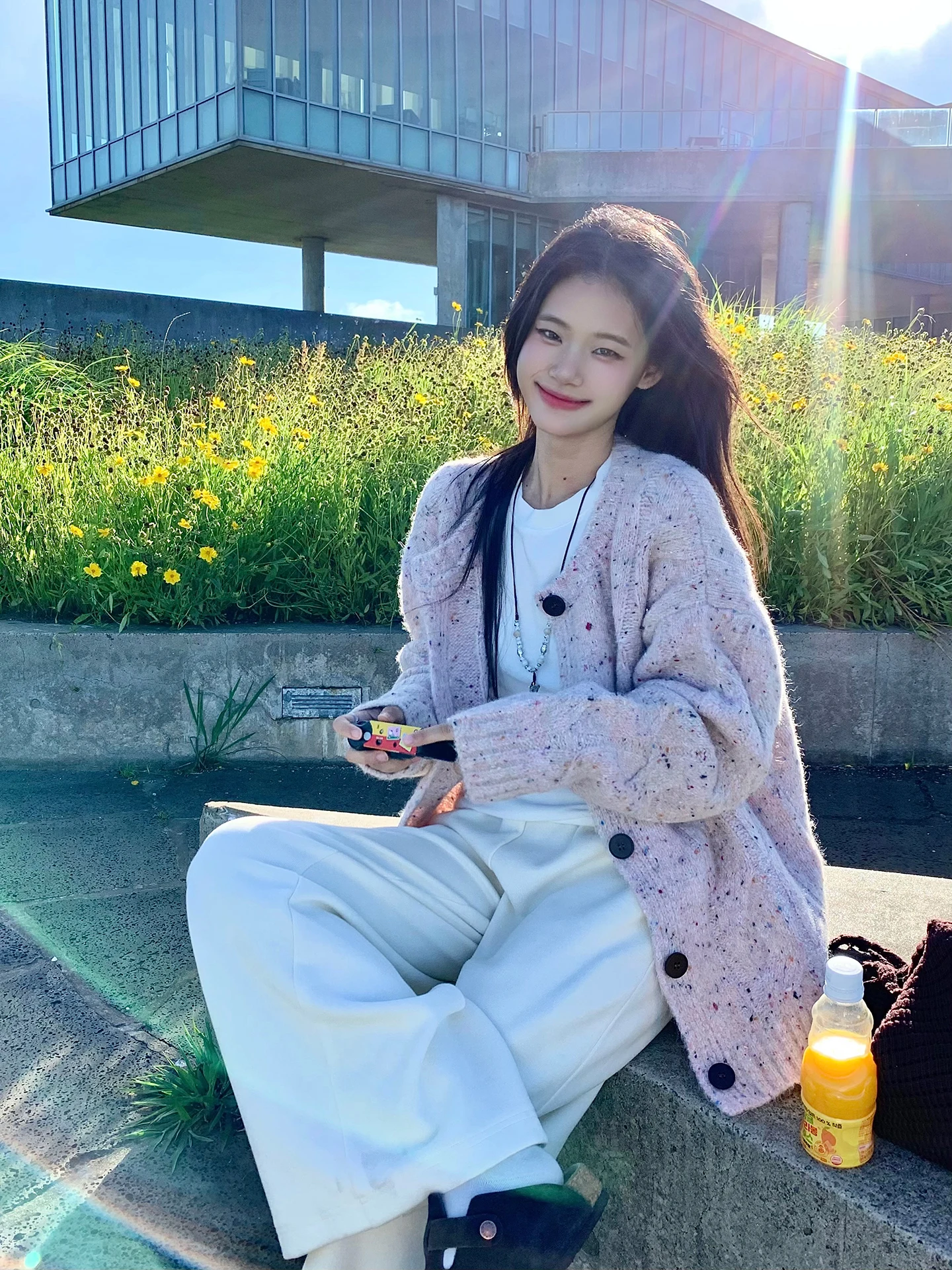 

Loose Women's Knitted Sweater Soft Plump Pink Korean Sle Fall Winter Casual V-Ne Button-Up Coat Single Piece Polyester Blend