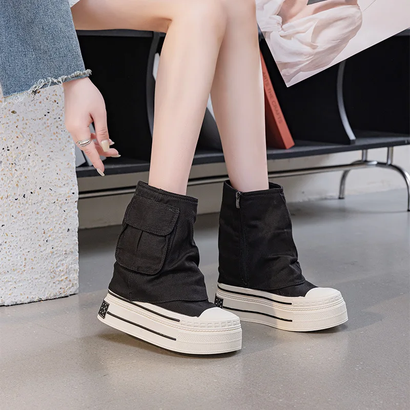 12CM New Denim Canvas Women Autumn Spring Hidden High Synthetic ZIP Ankle Booties Flats Platform Wedge Ankle Boots Fashion Shoes view 3