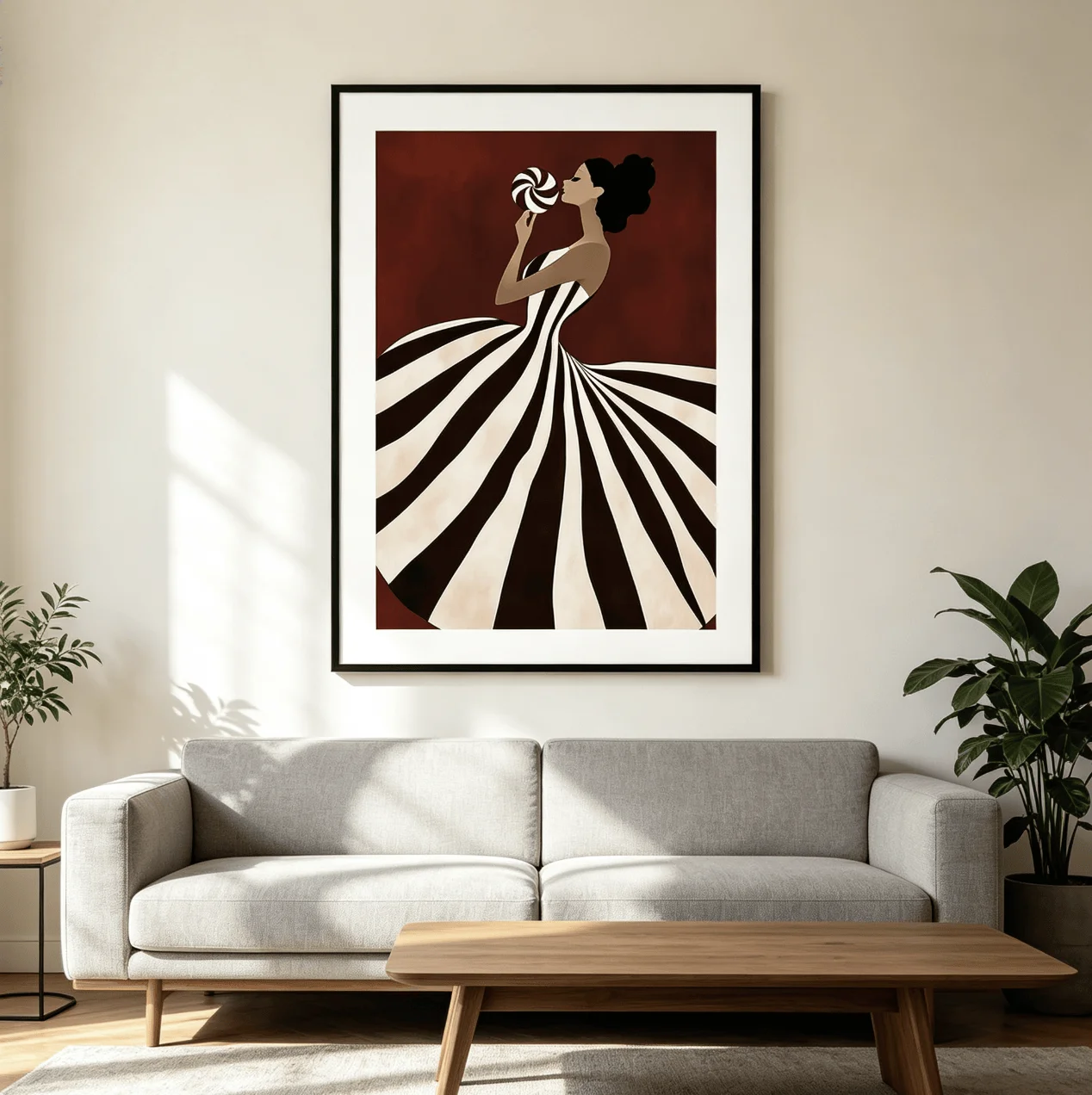 Vintage Burgundy Striped Dress Woman Canvas Wall Print, Lollipop Lady Wall Decor for Salon Bedroom Living Room Home