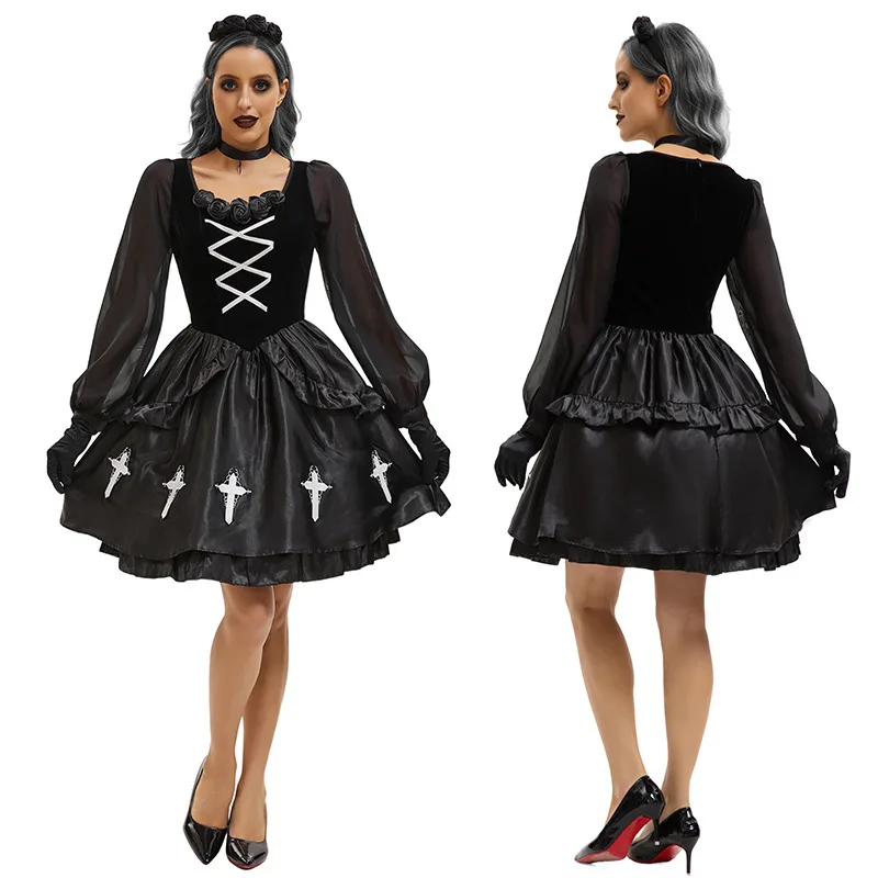 Gothic Lolita Black Medieval Waist Cinching Dress Cross Decoration Lolita Witch Cosplay Costume Carnival Outfit