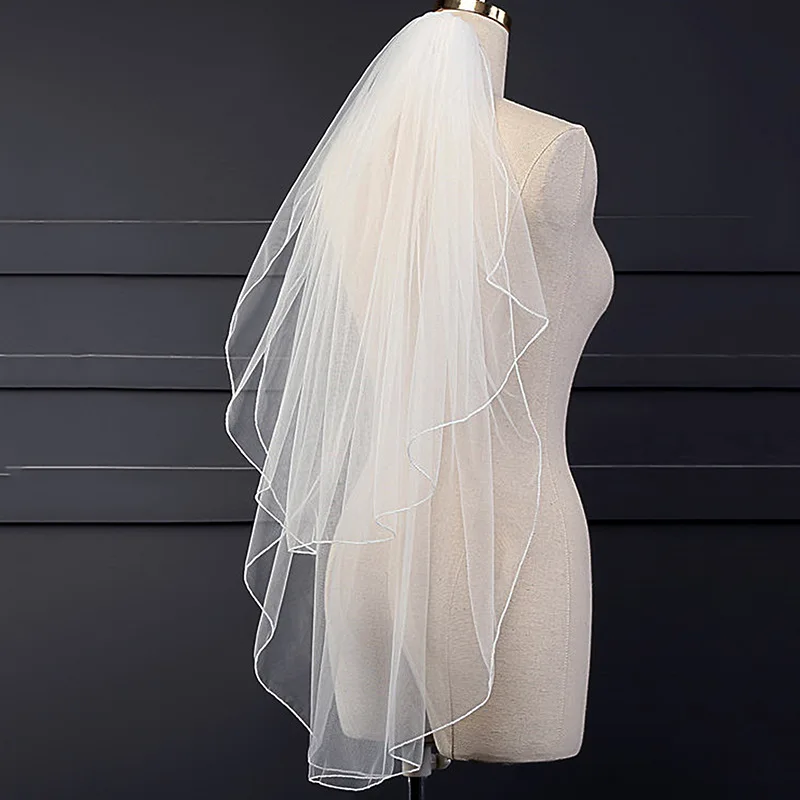 V762 Elegant Wedding Bridal Handmade Veil Two-Layer Tulle White Ribbon Edge Brides to Be Women Headdress Veil