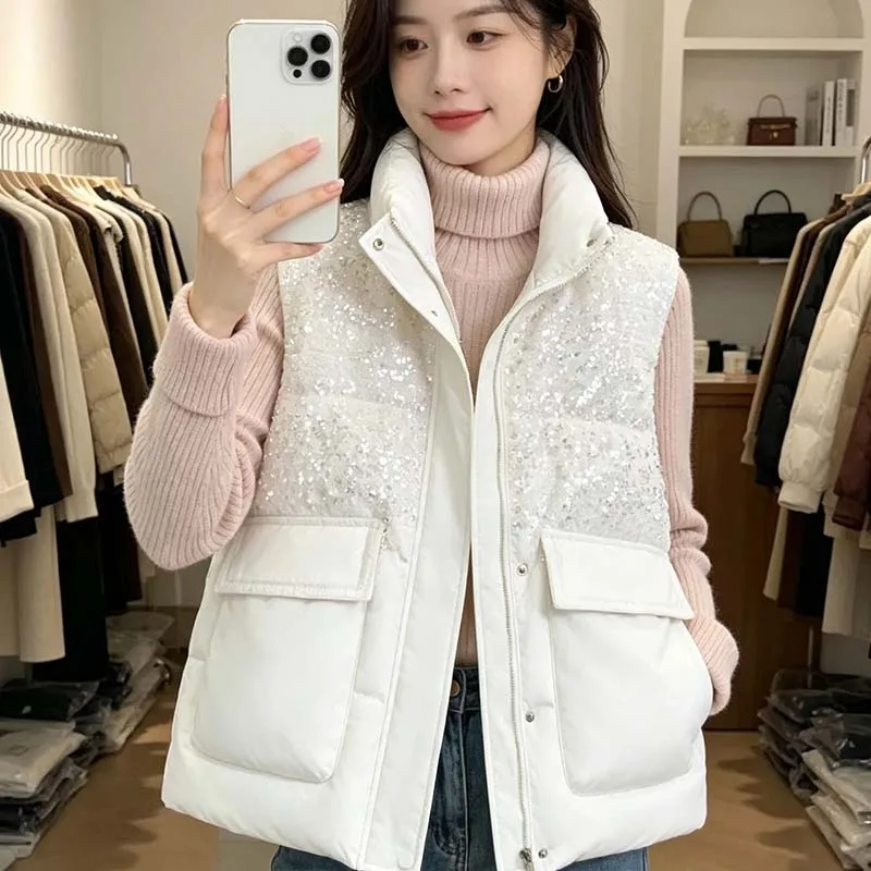 Autumn Down Cotton Vest Winter Warm Sleeveless Coats Fashion Waistcoat Clothes Outerwear Down Cotton Explosion Sequined Vest
