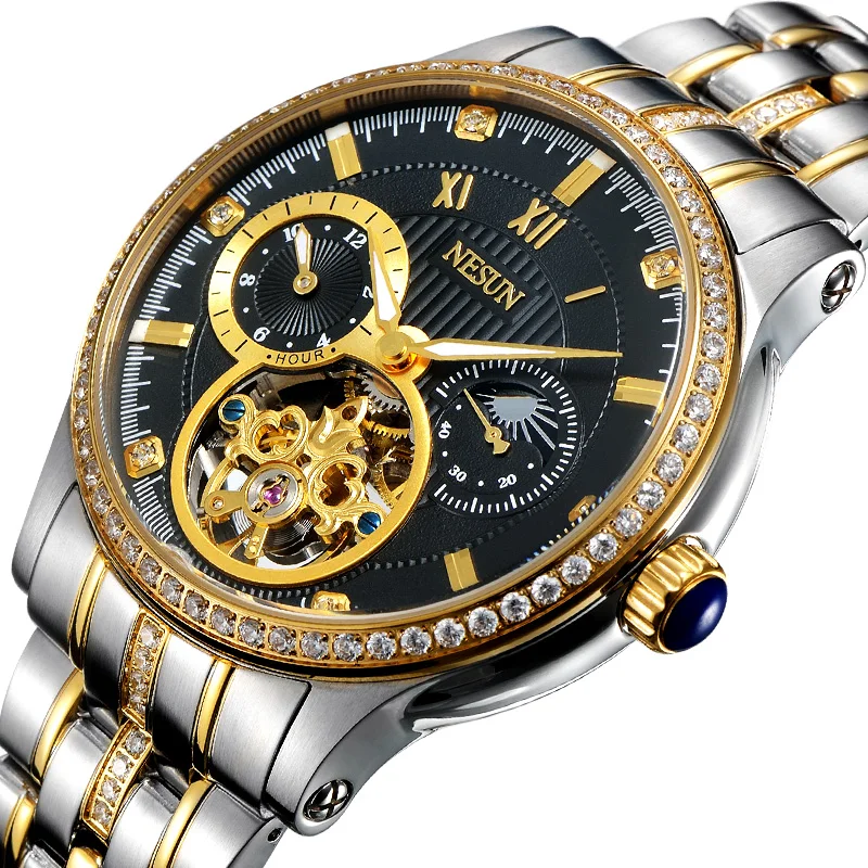 NESUN Luxury Brand Dual Skeleton Flywheel Rhinestone Automatic Mechanical Men's Watches 100M Waterproof Moon Phase Clock N9093-6