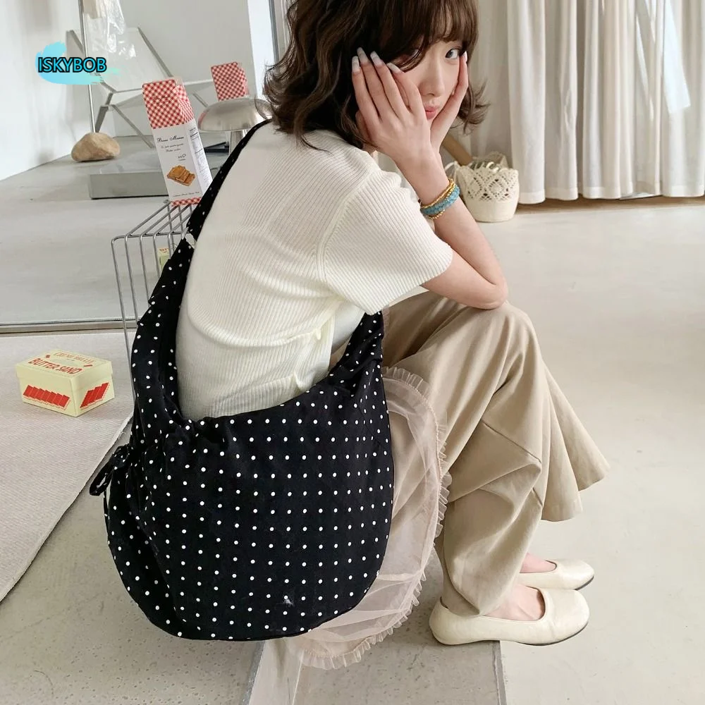 

Korean Style Polka Dot Nylon Crossbody Bag Lightweight Ballet Style Pleated Shoulder Bag Large Capacity Prined