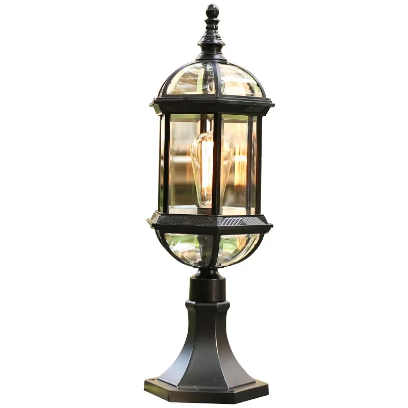 New Design Vintage Fancy Main Gate E27 Black Glass Decorative Outdoor Waterproof IP55 Solar Led Pillar Light