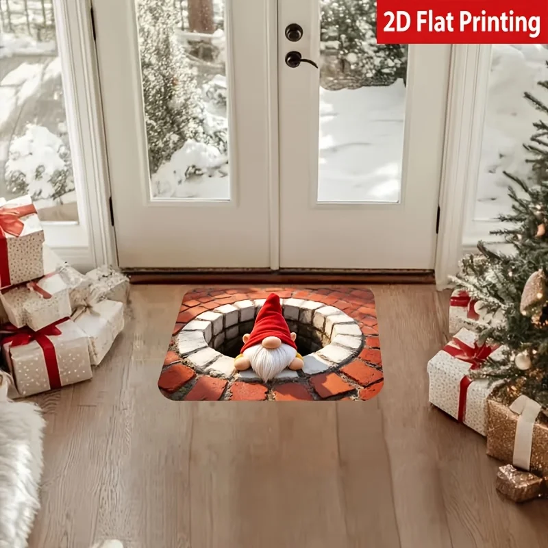 VIKAMA Christmas Gnome Chimney Half Round Doormat Non Slip Washable Rug for Front Door Entryway Kitchen Living Room Decor