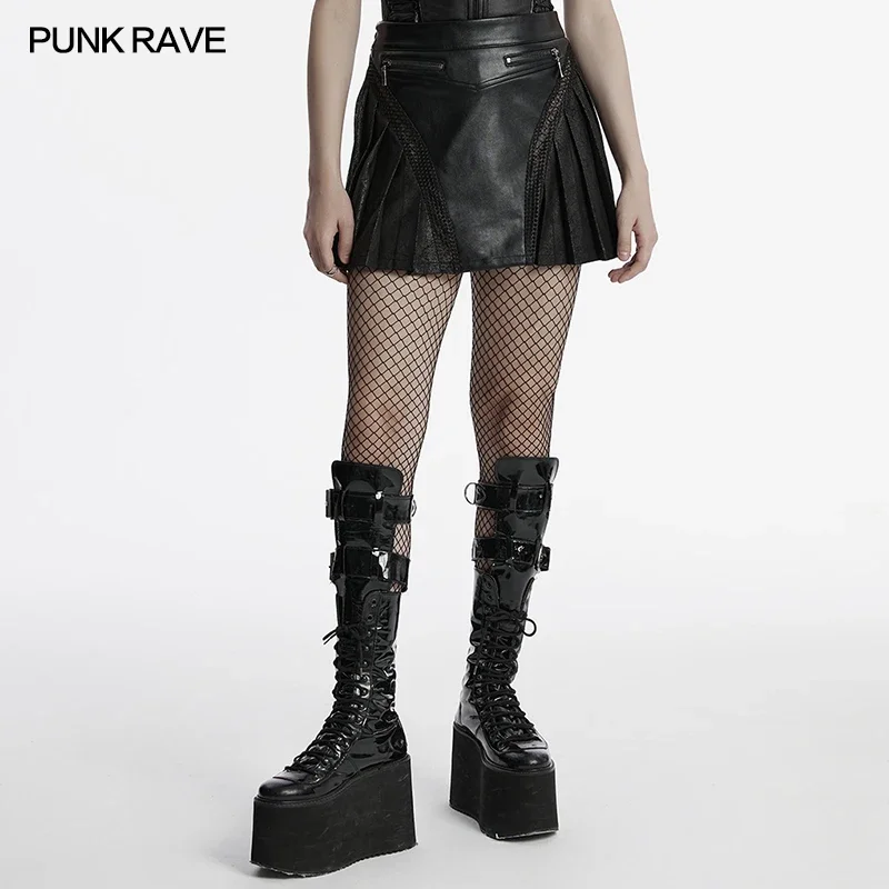 

PUNK RAVE Women's Punk Visual Personalized Pleated Leather Skirt Daily Mesh Hazy Curve Beauty Metal Zippers Black Short Skirts