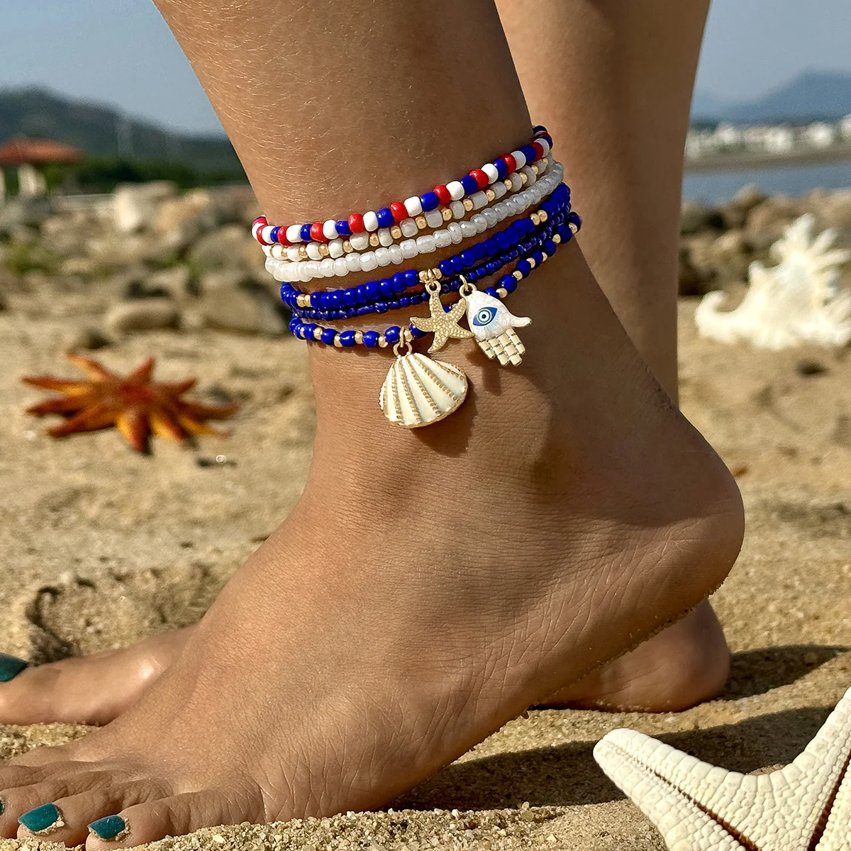 Tocona Bohemia Shell Conch Anklet Sets for Women Sand String of Beads Beach Measle Anklets  Jewelry Party 6pcs/set 26914