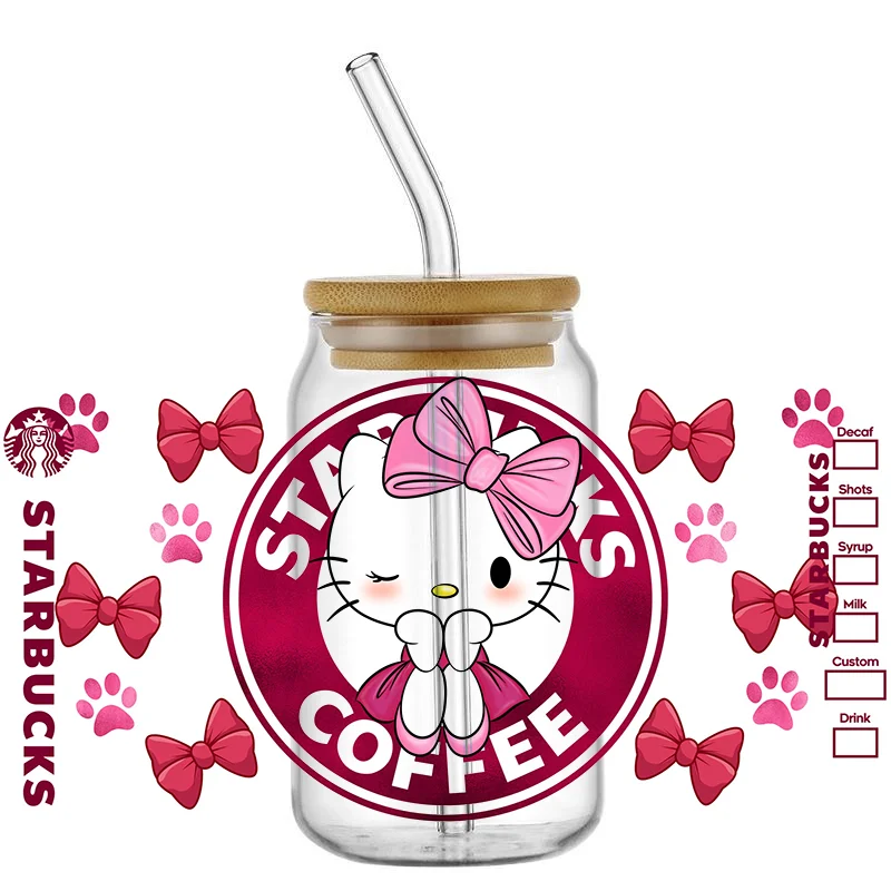 Libbey 16oz için Miniso karikatür sevimli kedi Can cam 3D su geçirmez UV DTF kahve Libbey cam Wrap sarın olabilir