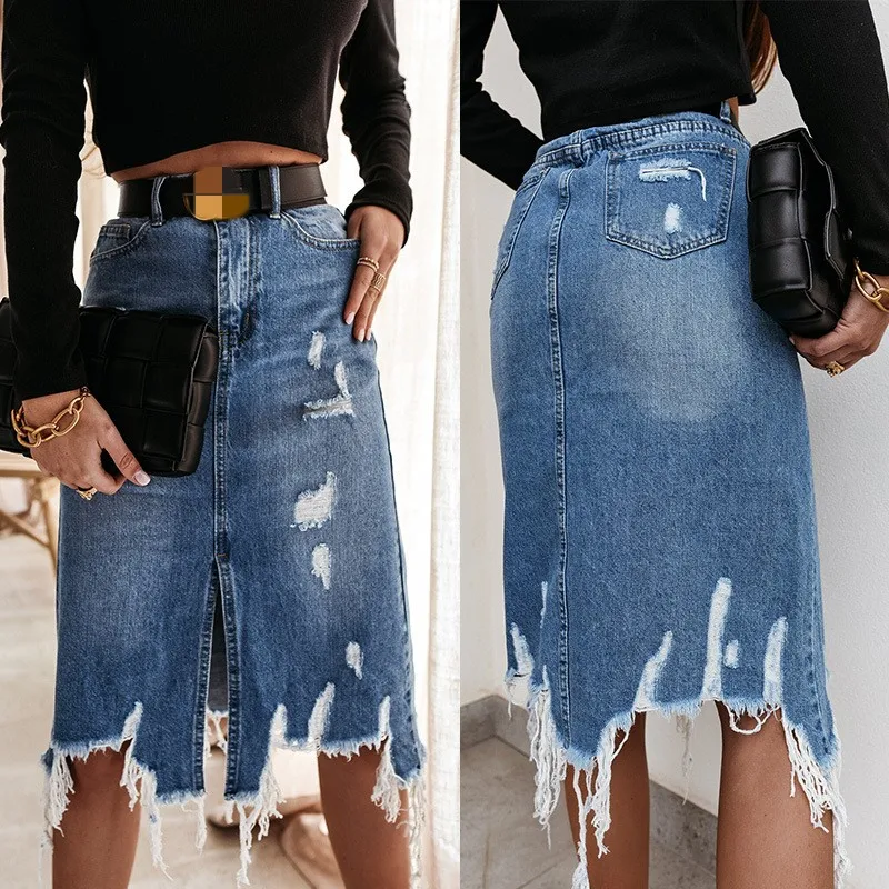 

2023 Summer New Women's Ripped Irregular Denim Skirt Fashion Mid Length Tassel Jeans Skirt Casual Female Clothing S-2XL