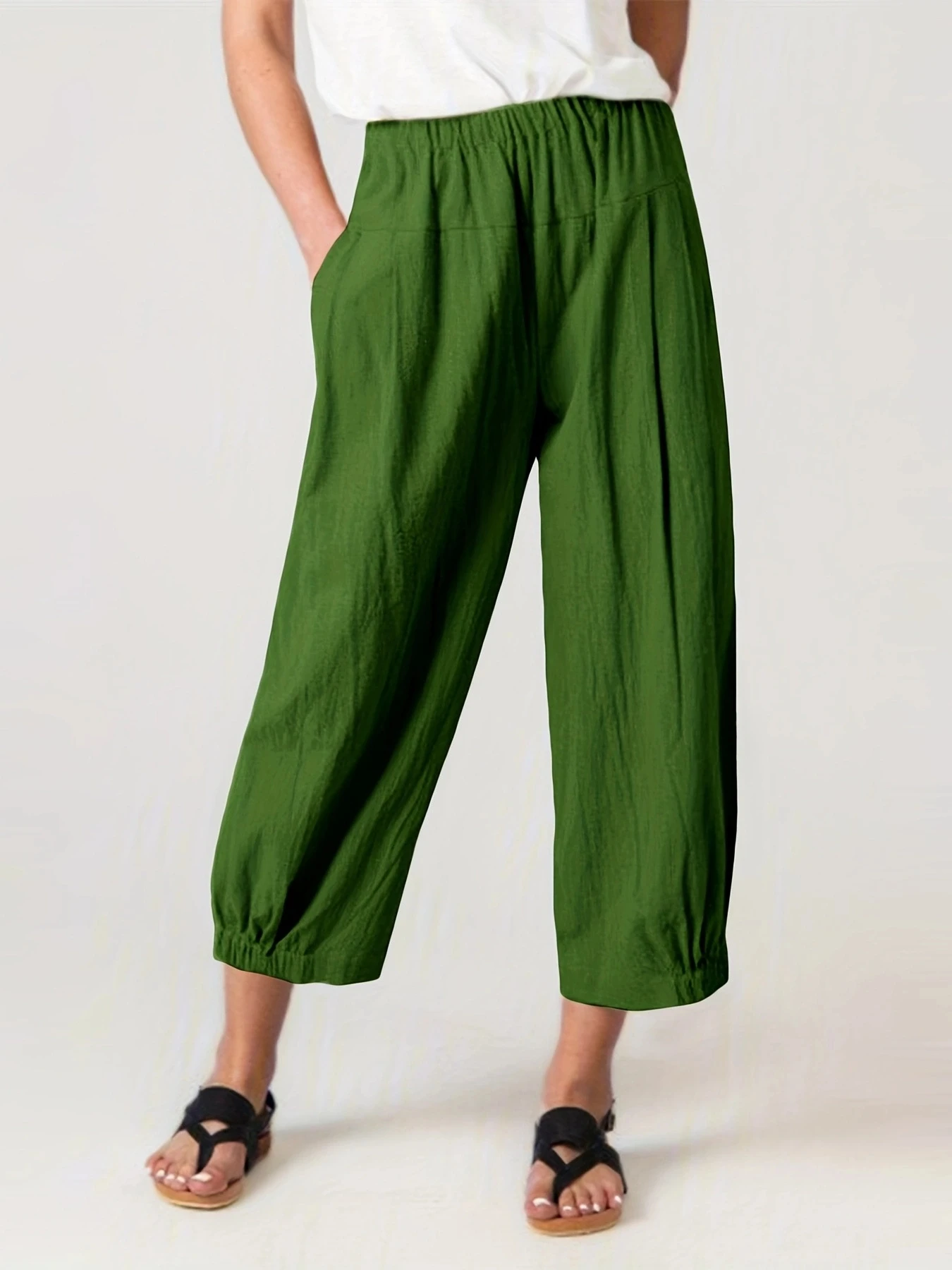 Plus Size Women Trousers Elastic Waist Wide Leg Pants Pockets Solid Color Casual Loose Female Harem Pants