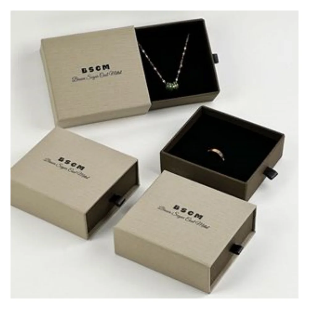 Black Paper Boxes Case 8x8x2.5cm Custom Logo Cardboard Sliding Box Jewelry Packaging Ribbon Drawer Gift Earrings Rings Bracelet