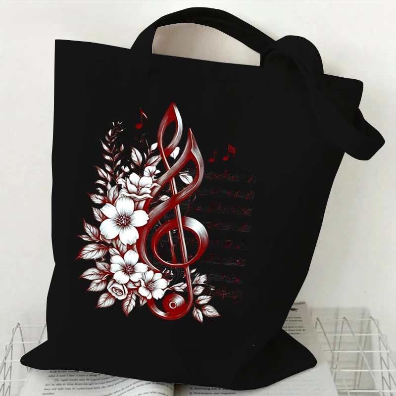 Women\'s Canvas Shoulder Bag Floral Music Note Graphic Print Shopping Bags Vintage Fashion Tote Bag Female Music Lovers Handbags