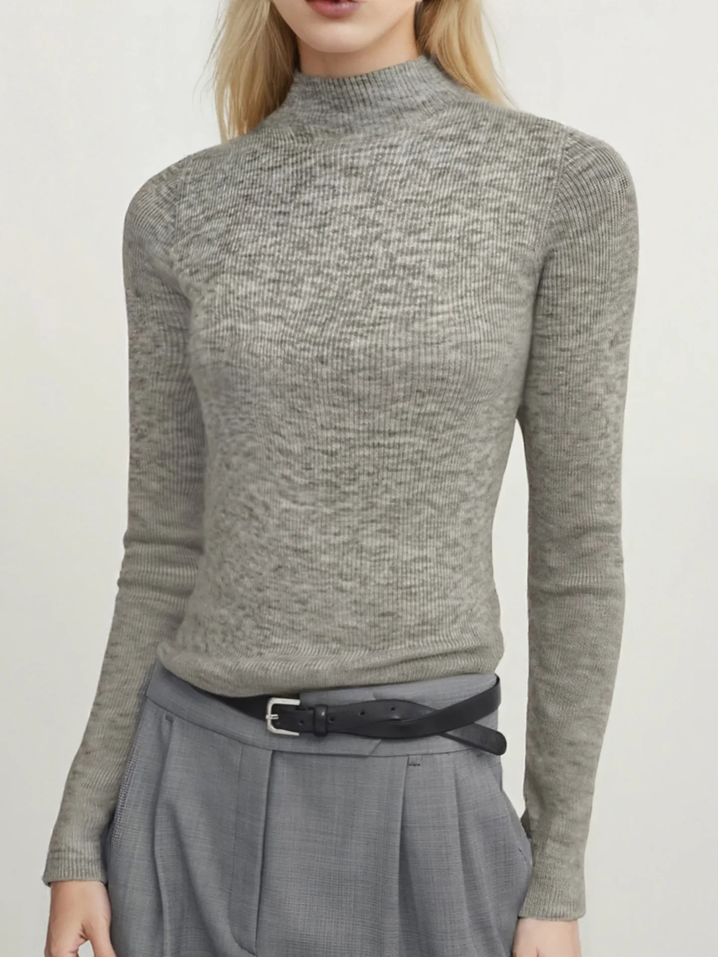 

Бесшовный свитер с воротником из смеси шерсти, тонкий пуловер в рубчик из тонкой вязки, джемпер