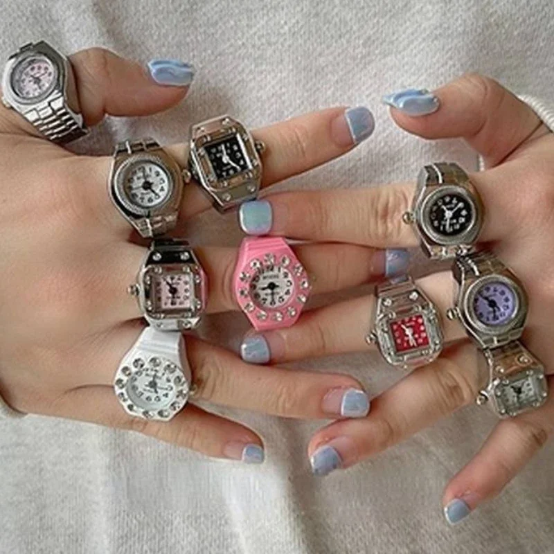 미니 손가락 시계 반지 중립 탄성 스트랩 합금 Watche 커플 반지 보석 시계 레트로 로마 쿼츠 시계 반지 펑크 빈티지