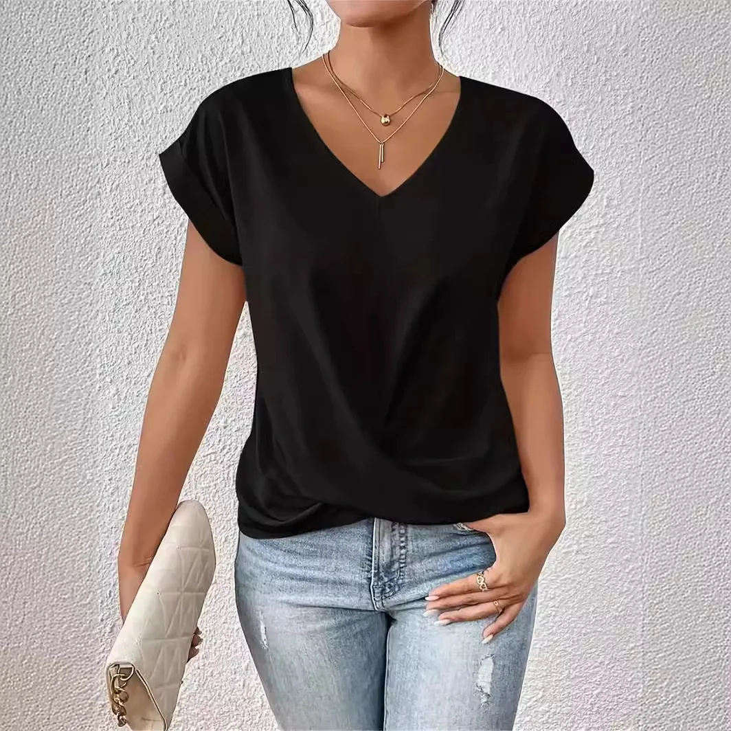 2024 New Spring and Autumn Women\'s Fashion Style Casual Solid Color V-neck T-shirt Elegant Short sleeved Top