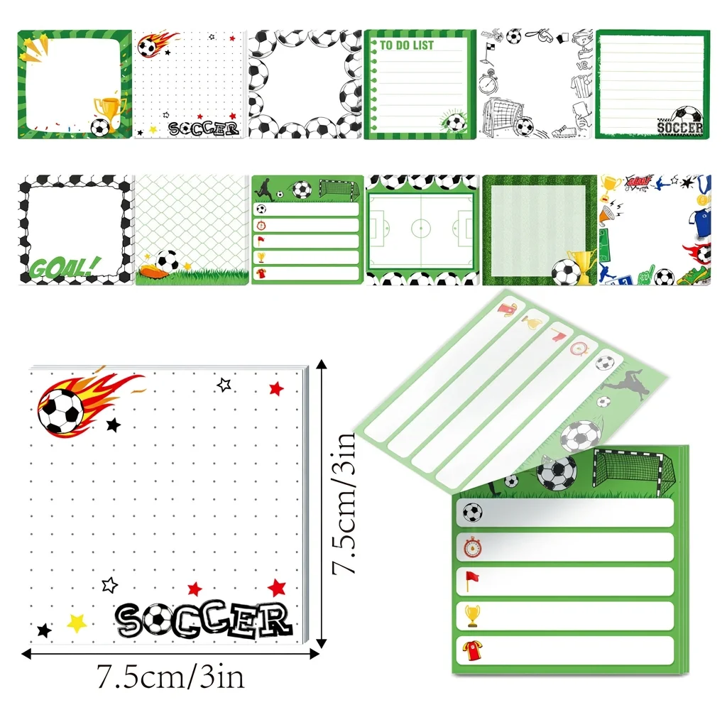 

12pcs 240sheets Soccer Theme Square Self-Adhesive Sticky Notes Decorative Memo Pads with To Do List for Journal Office School