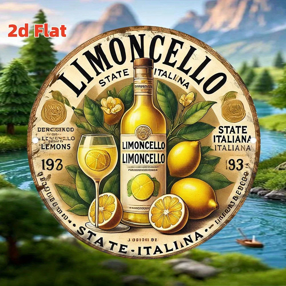 2D Flat, 1pc Italian Limoncello Metal Wall Art Sign - Vintage 2D Flat Aluminum Plaque with Lemon & Wine Design, Waterproof & Dus