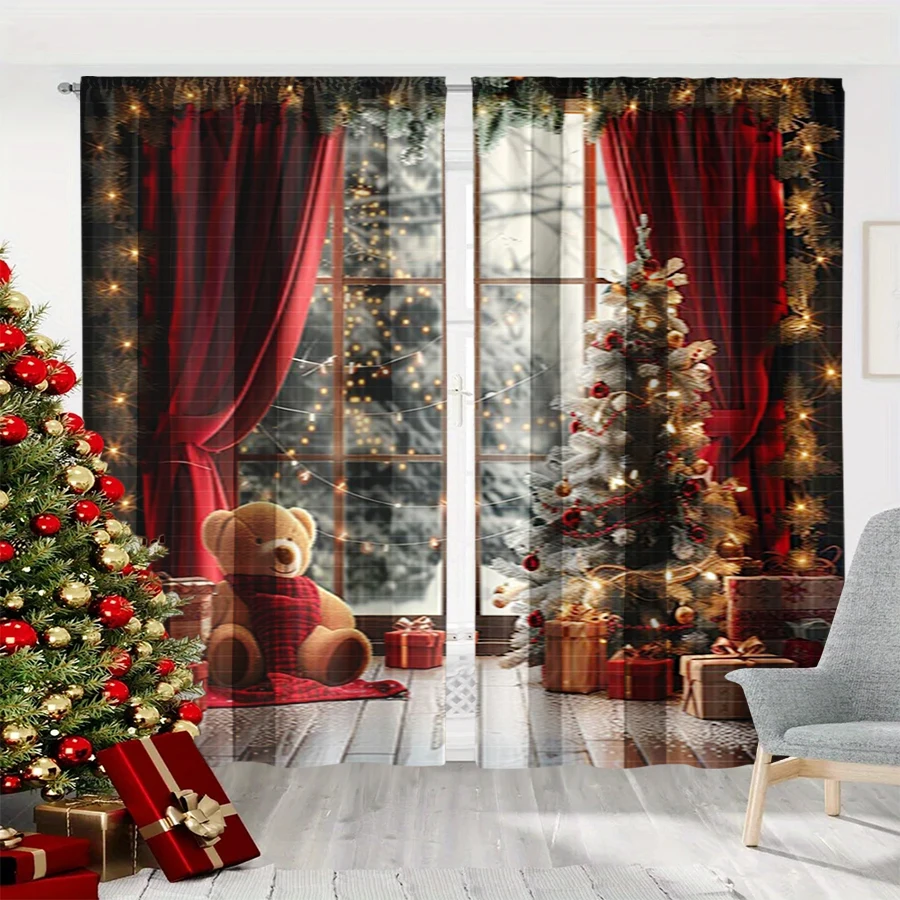 2PCS Christmas Winter Curtains, Window Teddy Bear Tree Gift Red Curtain Snow, Digital Print, Bedroom Living Room, Home Decor