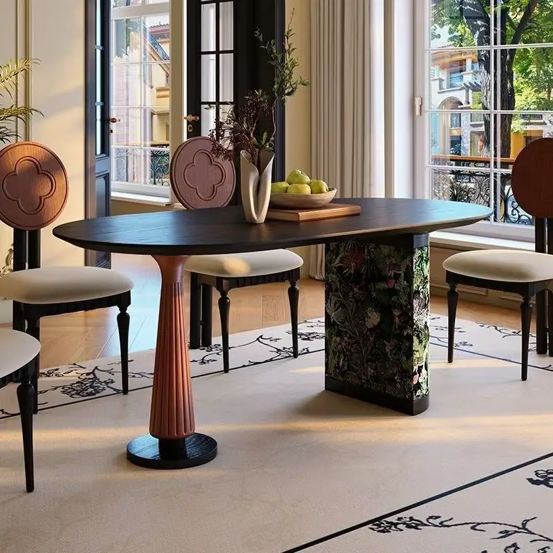 Solid wood dining table French pewter retro high-end small apartment combination rectangular household dining table antique oval