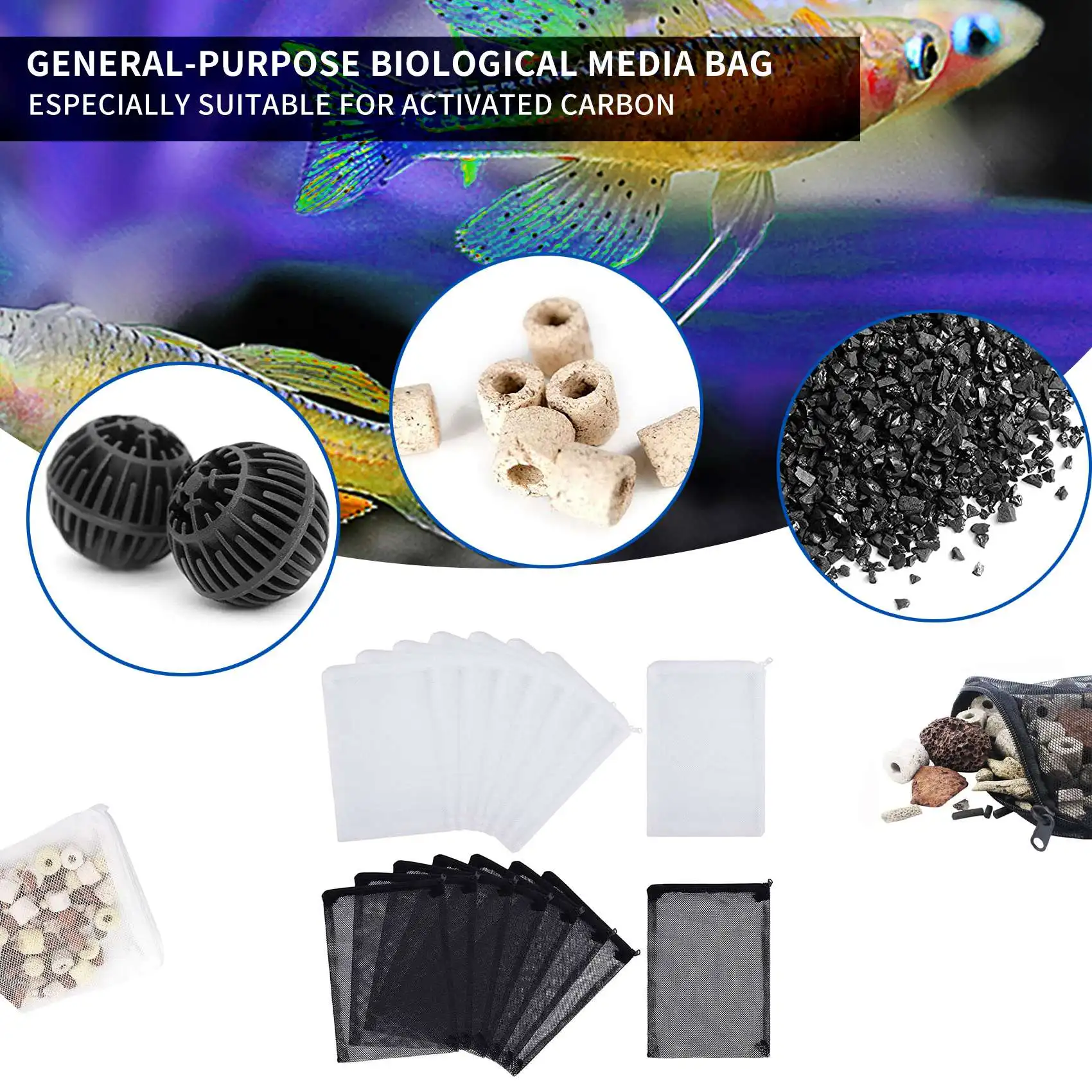 

BHBL 16 PCS Aquarium Mesh Media Filter Bags, Nylon Media Filter Mesh Bags with Zipper (for Particulate Carbon), Bio Balls
