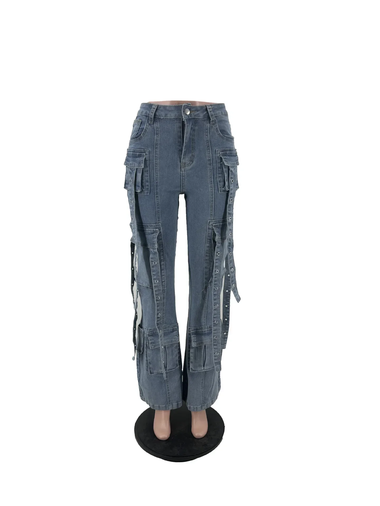 Women Safari Style Drawstring Hem Elastic Waist Multi Pocke Denim Pants 2024 Street INS Fashion Cargo Jeans Trousers