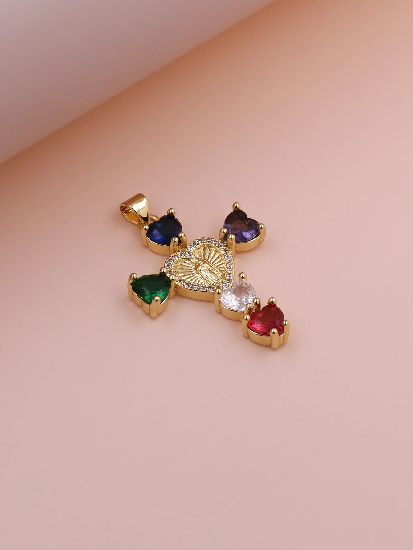 

Colorful Love Zircon Gold Plated Copper Virgin Mary Heart Shaped Cross Pendant Women's Necklace Bracelet Jewelry Making