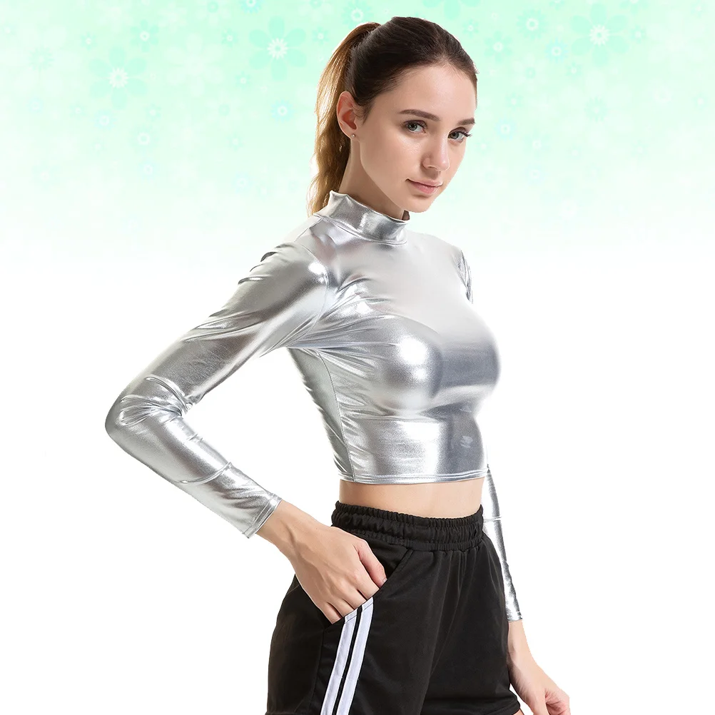 

Silver Patent Bustier Long Sleeve Performance Costume Nightclub Stage Apparel for Women Size Xl Shiny Breathable Elegant
