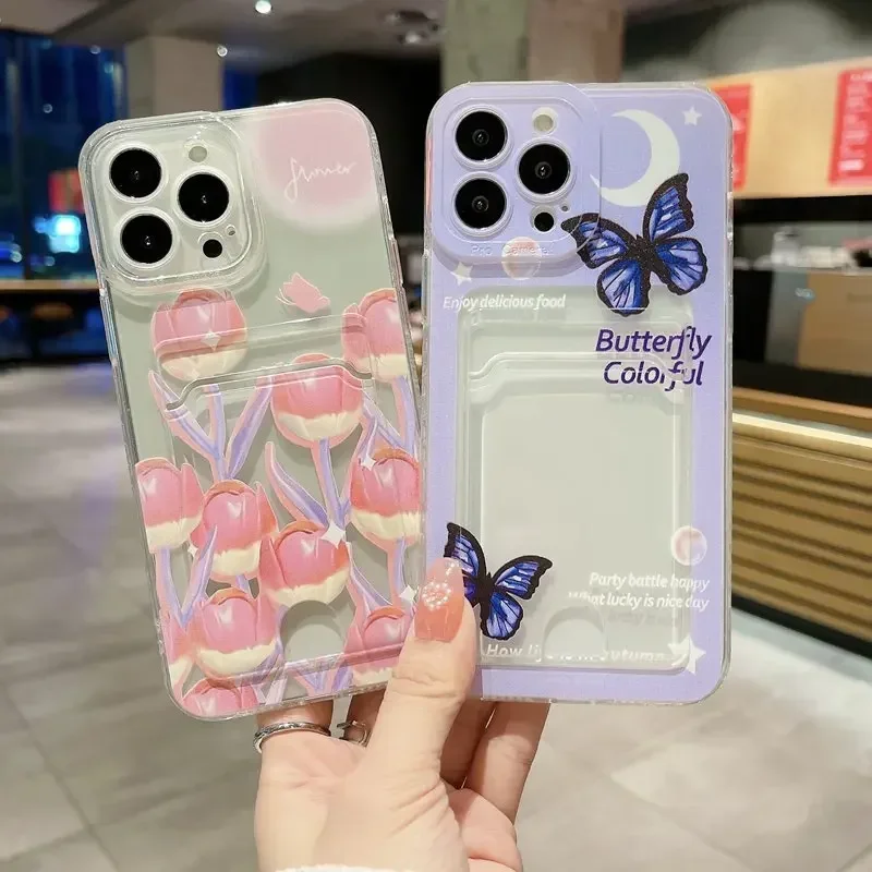 Butterfly Flowers Card Bag Holder Phone Case For Tecno Spark 6 GO 2020 2021 2022 2023 2024 Infinix Smart 8 Wallet Silicone Cover