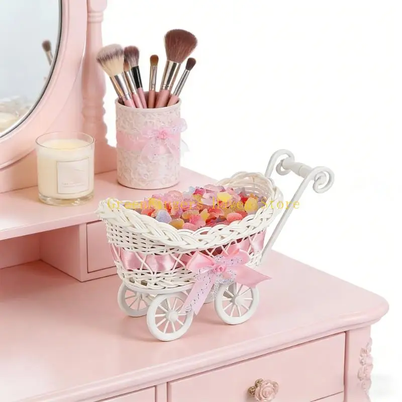 F68D Woven Miniature Trolley Baby Shower Candy Basket Artificial Rattan Strollers Flower Basket Multifunction Party Decors