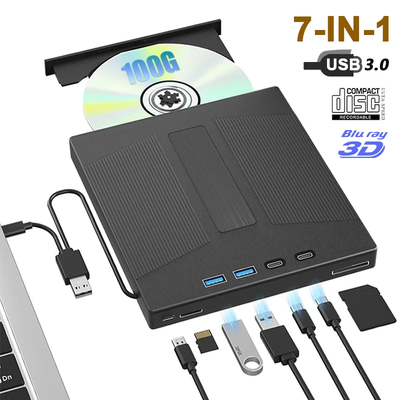 External Blu Ray Drive USB 3.0 BD/DVD/CD-ROM Player Burner for Laptop PC Support 100G Disc Optical Drives with SD/TF Card Slots