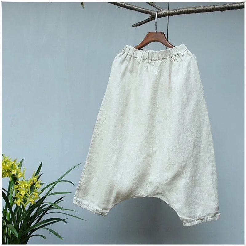 Cotton Linen Summer Harem Pants Loose Casual Three Quarter Boho Trousers Women Thin Drop-Crotch Capri Pants Soft