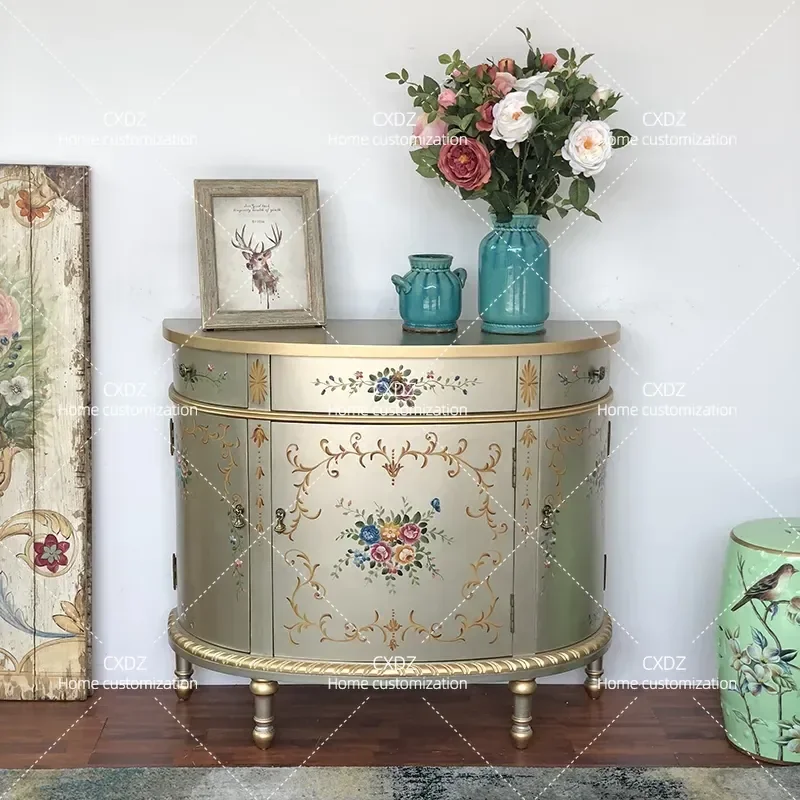 Retro Silver Painted Side Cabinet New Chinese Style Wall Mounted Semi Round Storage Decorative Cabinet for Foyer Entrance