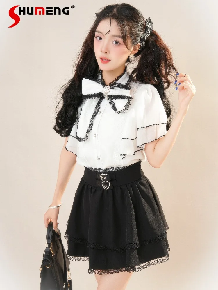 

Japanese Sweet Preppy Style Lace Splicing Bow Flared Sleeve Chiffon Blouse Tops High Waist Cake Skirt Lolita Two-Piece Set Women