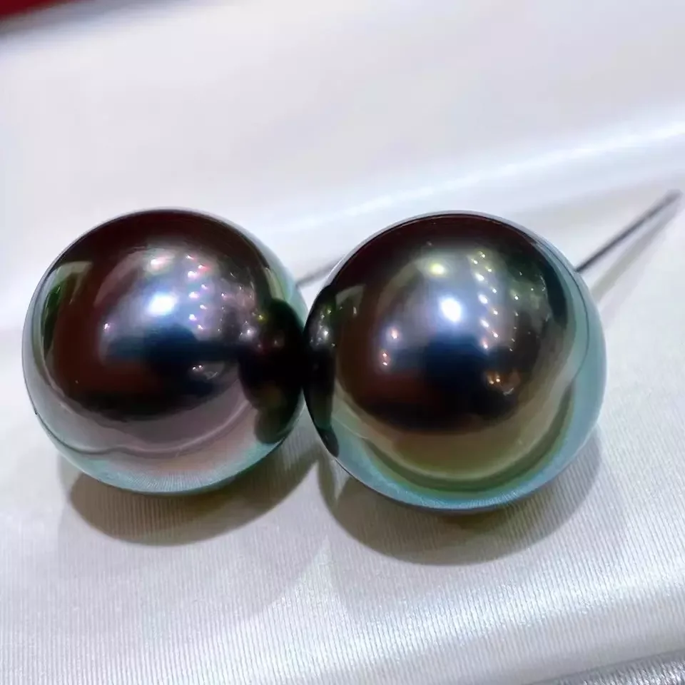 Perfect Round Pearl Earrings  AAAAA  11-12mm South Sea Black Natural Pearl Earrings 14K Gold